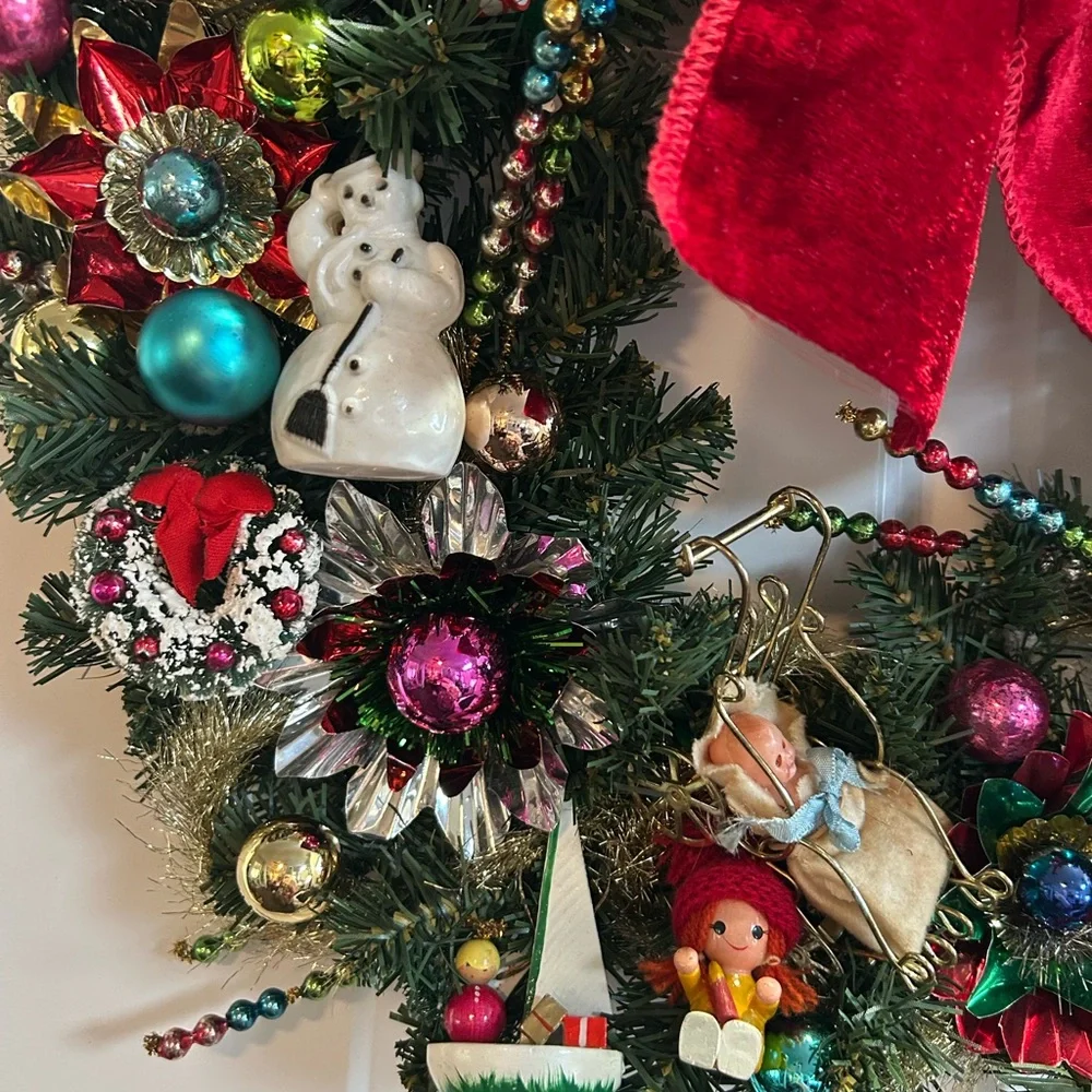 Vintage repurposed Festive Holiday Wreath with Red Bow - Picture 4 of 14